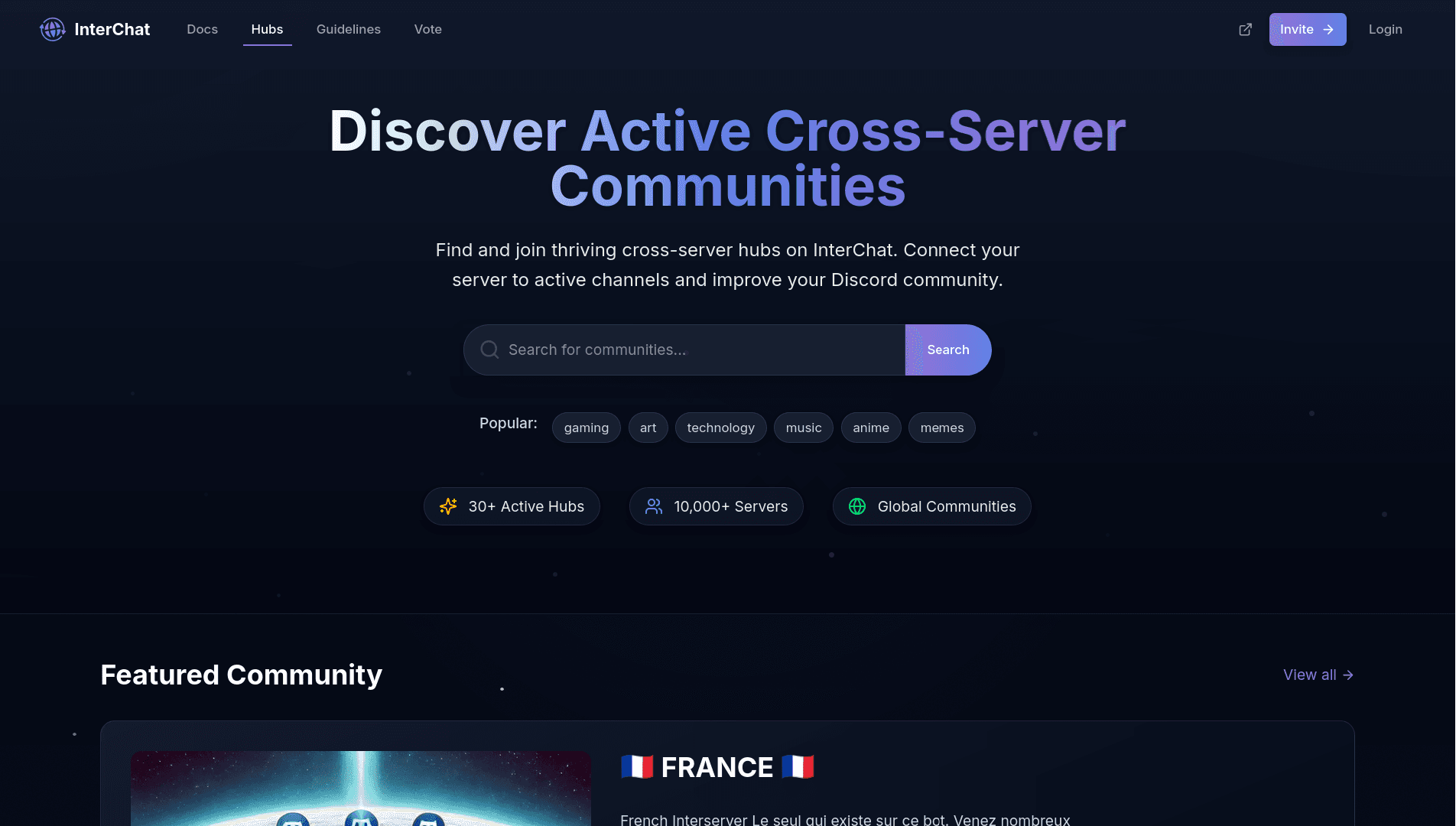 InterChat interface for discovering and joining shared community hubs
